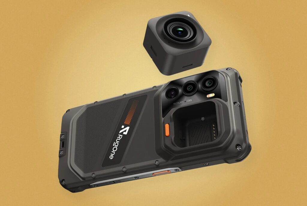 Rugged smartphone with a three-lens rear camera and a detachable compact camera module above it against a gold background at an angle.