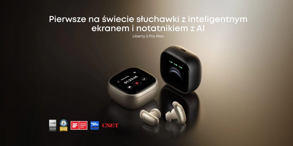 Soundcore Liberty 5 Pro Max_01 - lab-kuzniewski.pl - Testy laptopów, recenzje i porównania Advertisement for Liberty 5 Pro Max: earbuds with a smart screen and AI notebook, shown with charging case on a dark gradient background.