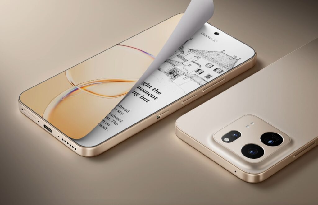 TCL P80 Ultra_00 - lab-kuzniewski.pl - Testy laptopów, recenzje i porównania Gold smartphone lying on its side with the screen curling up to reveal a black-and-white architectural sketch on a page, on a beige background.