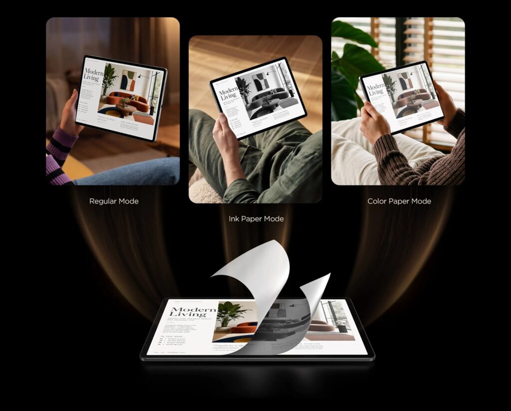 TCL TAB A1 Plus NXTPAPER_03 - lab-kuzniewski.pl - Testy laptopów, recenzje i porównania Three tablets showing a magazine reading interface in Regular, Ink Paper, and Color Paper modes, with a page-flipping animation below against a black background—illustrating different reading modes for tablets.