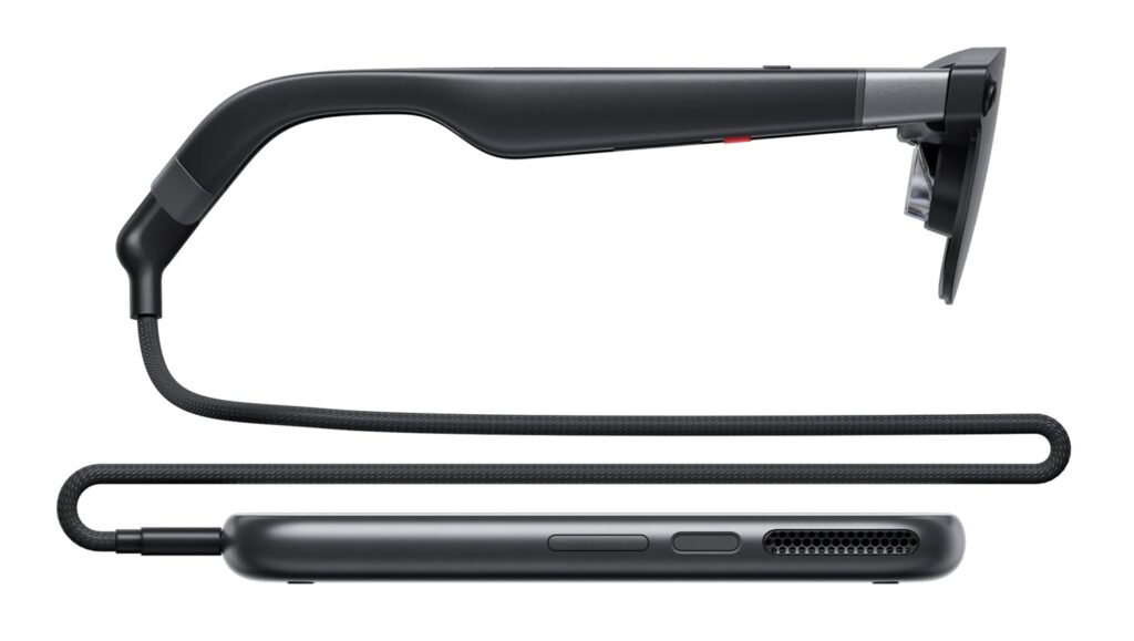 Side view of a black curved wearable headset with a braided cable and slim control module.