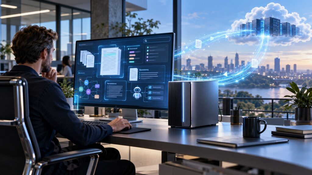 future_vs_hybrid_2509_lab - lab-kuzniewski.pl - Testy laptopów, recenzje i porównania Man at a desk in a modern office reviewing a large monitor displaying futuristic data dashboards and a city skyline hologram.