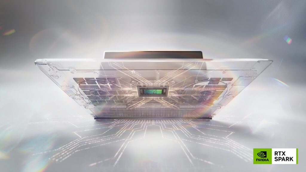 lab_nvidia_rtx_spark_2509 - lab-kuzniewski.pl - Testy laptopów, recenzje i porównania Transparent laptop showing internal circuits and glowing pathways on a reflective surface; NVIDIA RTX Spark logo in the bottom-right corner.