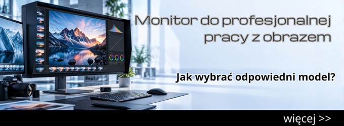 monitor_profesjonalny_poradnik_lab_main_vSmall - lab-kuzniewski.pl - Testy laptopów, recenzje i porównania Banner for professional image work monitors; desk with two monitors, keyboard, mouse, and a camera in a bright office.