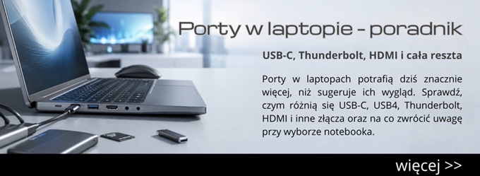 Banner: laptop on a desk with adapters and cables; title 'Porty w laptopie – poradnik' and subtitle mentioning USB-C, Thunderbolt, HDMI (Polish guide).