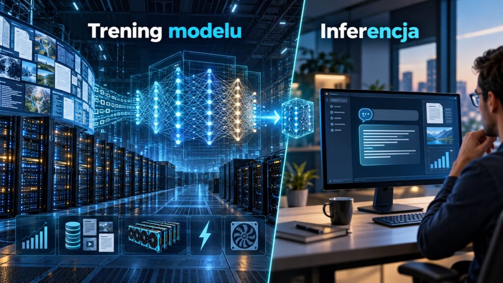 trening_modelu_vs_inferencja_25-0_lab - lab-kuzniewski.pl - Testy laptopów, recenzje i porównania Split-screen image: left shows a futuristic data center with glowing neural-network visualization; right shows a person at a desk viewing an AI inference dashboard on a monitor.