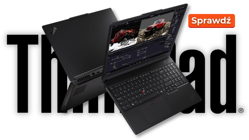 Two black Lenovo ThinkPad laptops float over a large black ThinkPad logo with an orange rounded 'Sprawdź' call‑to‑action button in the corner, as in a promo banner.