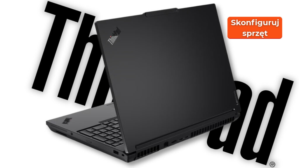 Black Lenovo ThinkPad laptop angled in the foreground with a large ThinkPad logo in the background and an orange 'Skonfiguruj sprzęt' button on the top-right.