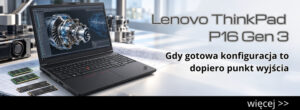 Promotional banner for Lenovo ThinkPad P16 Gen 3: laptop on a workbench with engineering components and Polish tagline.