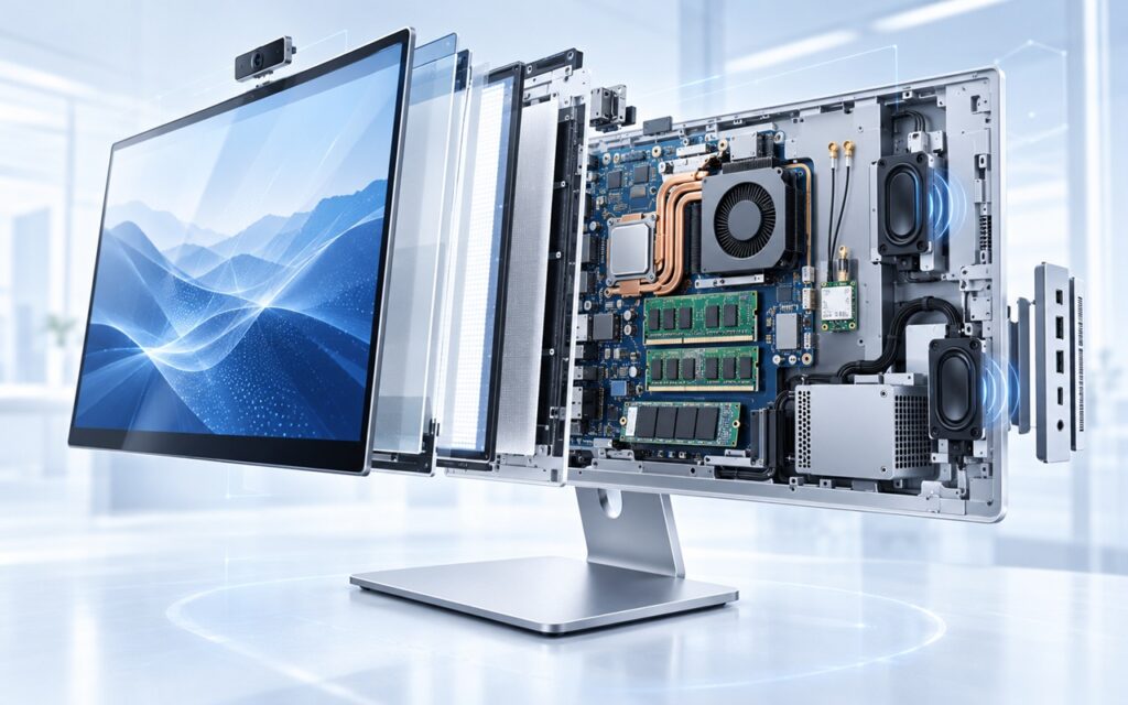 01a_inside_AIO_1310_poradnikAIO - lab-kuzniewski.pl - Testy laptopów, recenzje i porównania Exposed computer monitor with internal components and cooling system visible inside a sleek display unit (tech hardware concept)