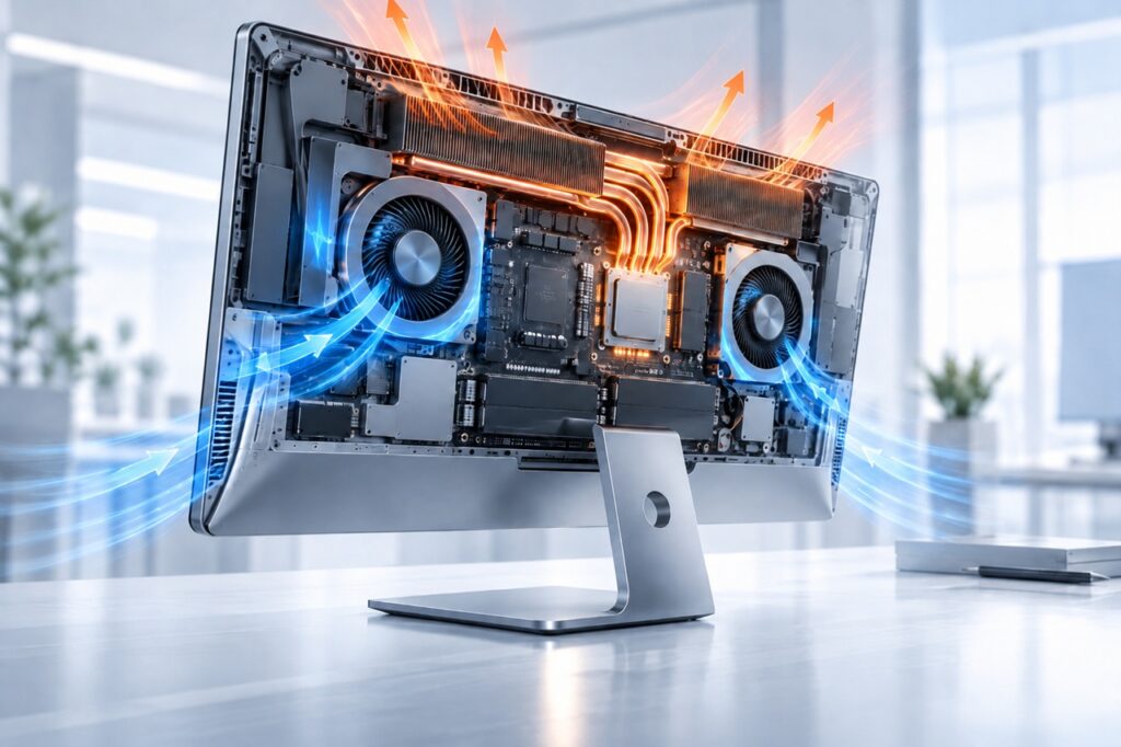 01b_cooling_AIO_1310_poradnikAIO - lab-kuzniewski.pl - Testy laptopów, recenzje i porównania Open computer internals showing dual fans and visible heat pipes, with blue airflow entering and orange heat exhaust arrows to illustrate cooling.
