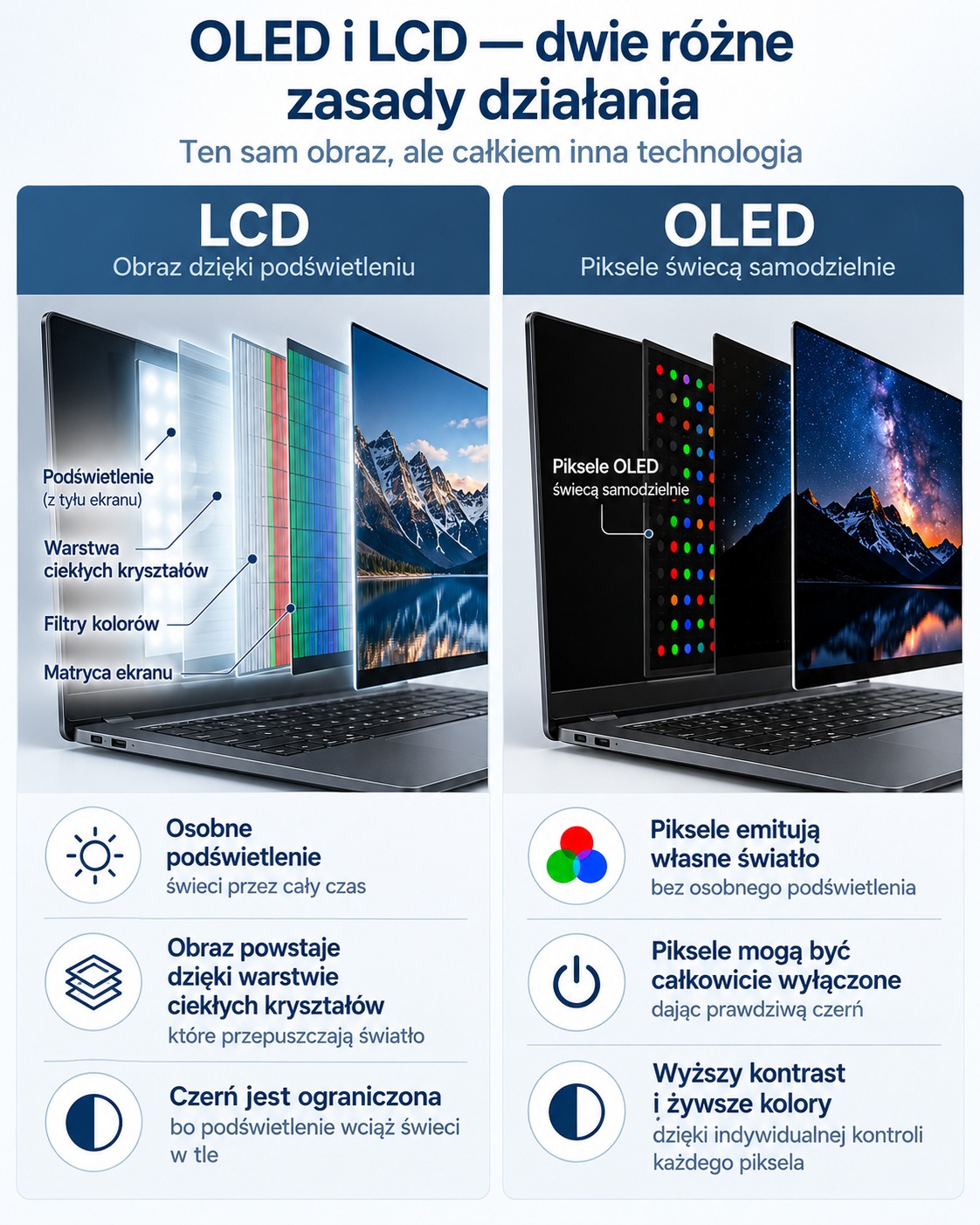 Porównanie budowy i działania matryc LCD z podświetleniem i samoświecących OLED