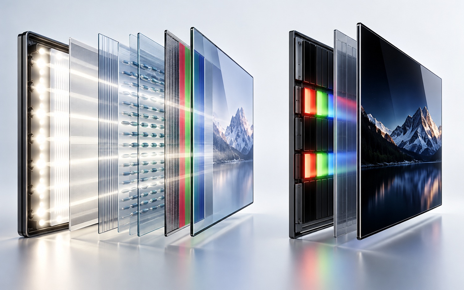 02_OLED_w_laptopie_poradnik_1610_OLEDvsLCD - lab-kuzniewski.pl - Testy laptopów, recenzje i porównania Exploded view of a modular display showing stacked layers (backlight, panels) with a mountain image on the outer screen.