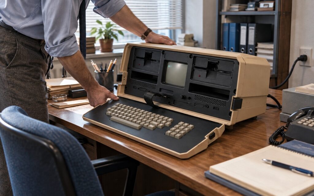 02_co_to_jest_ultrabook_poradnik_LAB_3010_osborne_1 - lab-kuzniewski.pl - Testy laptopów, recenzje i porównania Vintage beige computer terminal with a built-in monitor and keyboard on a wooden desk; a person rests a hand on the top panel, as if adjusting it.