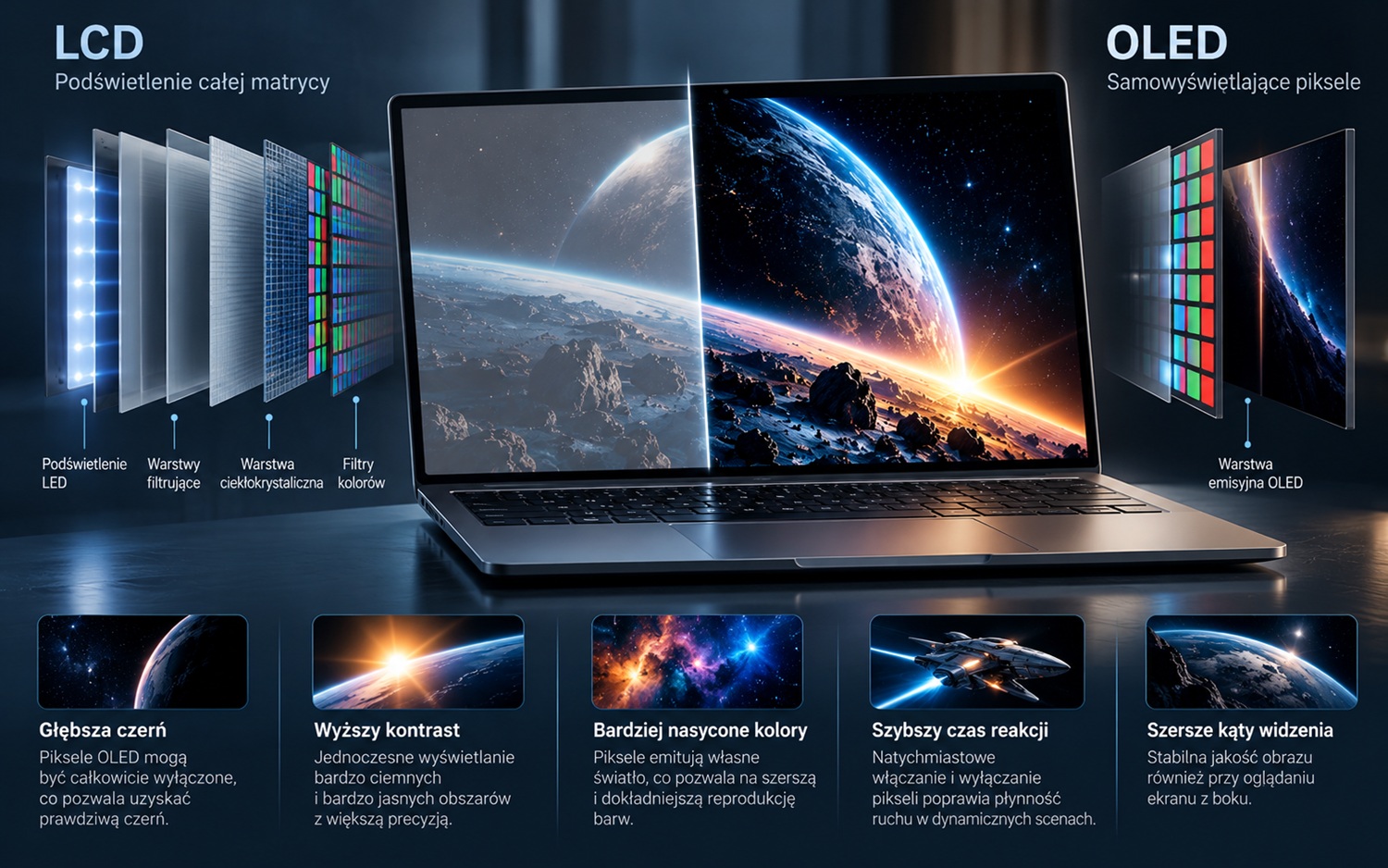 02a_OLED_w_laptopie_poradnik_1610_OLEDvsLCD - lab-kuzniewski.pl - Testy laptopów, recenzje i porównania Infografika porównująca LCD i OLED; pokazuje warstwy podświetlenia, filtrów i samowyświetlające piksele OLED na laptopie. (informacyjne)