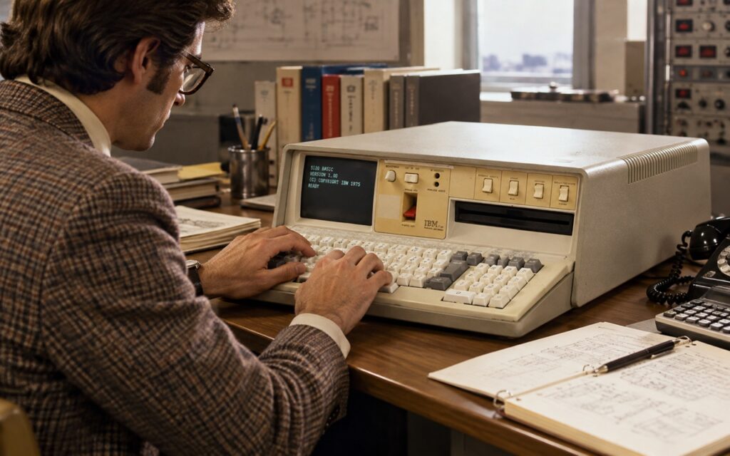 02a_co_to_jest_ultrabook_poradnik_LAB_3010_IBM_5100 - lab-kuzniewski.pl - Testy laptopów, recenzje i porównania Man in a brown plaid jacket types on a vintage IBM computer terminal at a cluttered desk.
