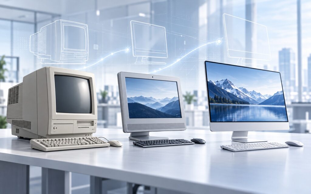 Three computers from different eras placed on a white desk with translucent tech diagrams in the background, showing computer evolution.