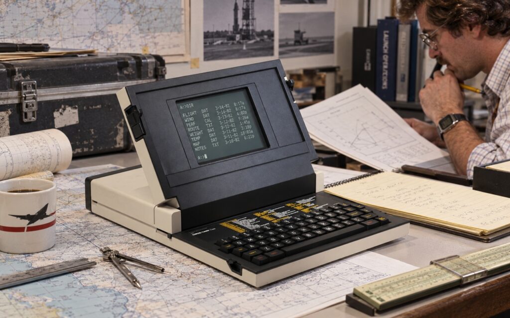 02b_co_to_jest_ultrabook_poradnik_LAB_3010_GRiD - lab-kuzniewski.pl - Testy laptopów, recenzje i porównania Vintage portable computer on a drafting desk crowded with maps, notebooks, and charts; a man studies documents nearby.