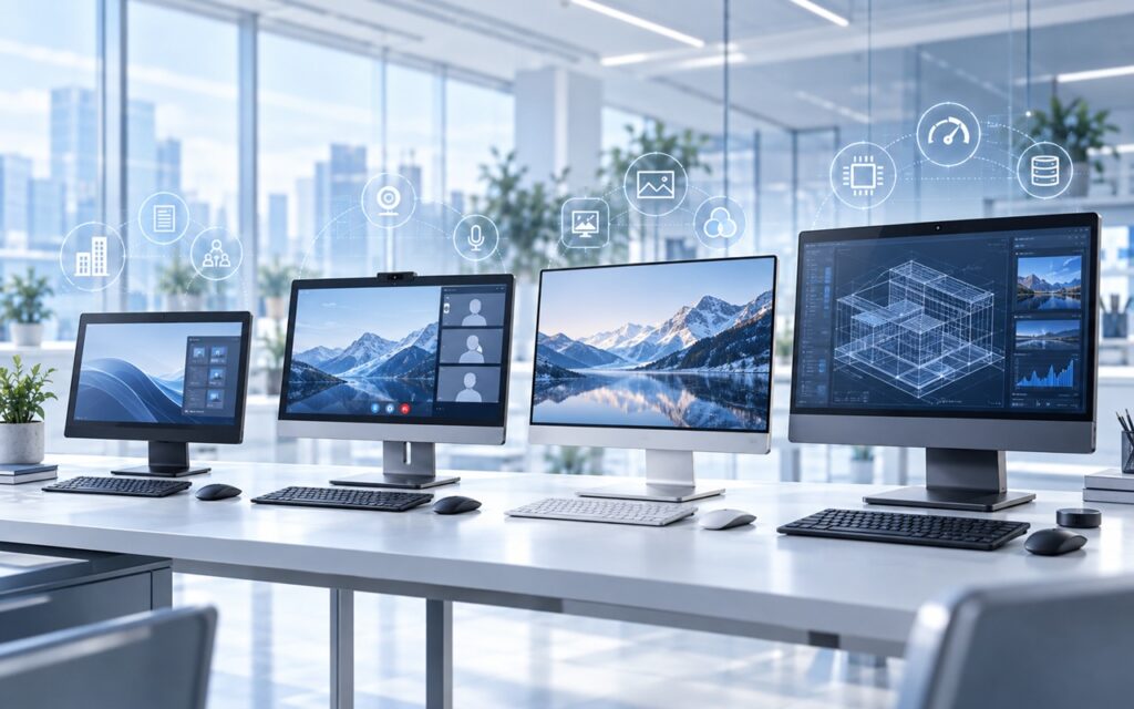 Open-plan tech workspace with four monitor displays on a white desk, showing mountains and video calls, with holographic icons above indicating connectivity and collaboration.”,