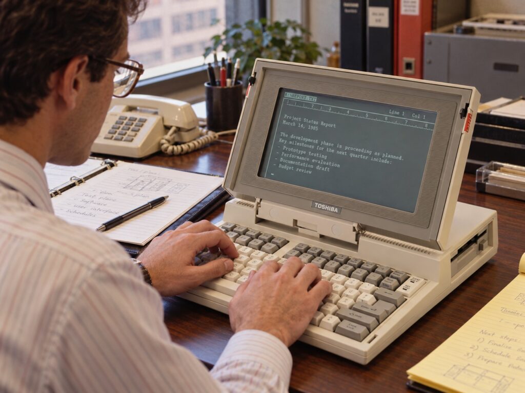 02c_co_to_jest_ultrabook_poradnik_LAB_3010_Toshiba_T1100 - lab-kuzniewski.pl - Testy laptopów, recenzje i porównania Man in a striped shirt wearing glasses types on a vintage Toshiba laptop at a cluttered office desk beside a notebook and phone.