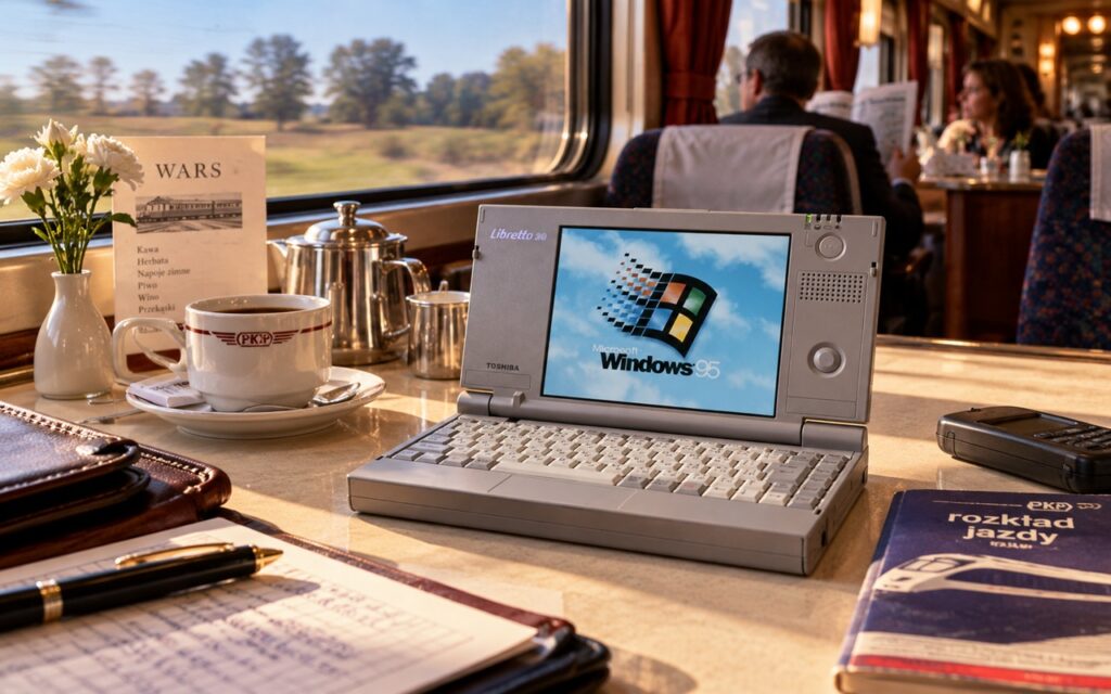 02d_co_to_jest_ultrabook_poradnik_LAB_3010_toshiba_libretto_20 - lab-kuzniewski.pl - Testy laptopów, recenzje i porównania Vintage Toshiba Libretto laptop open on a train table displaying Windows 95, with a coffee cup and flowers nearby.