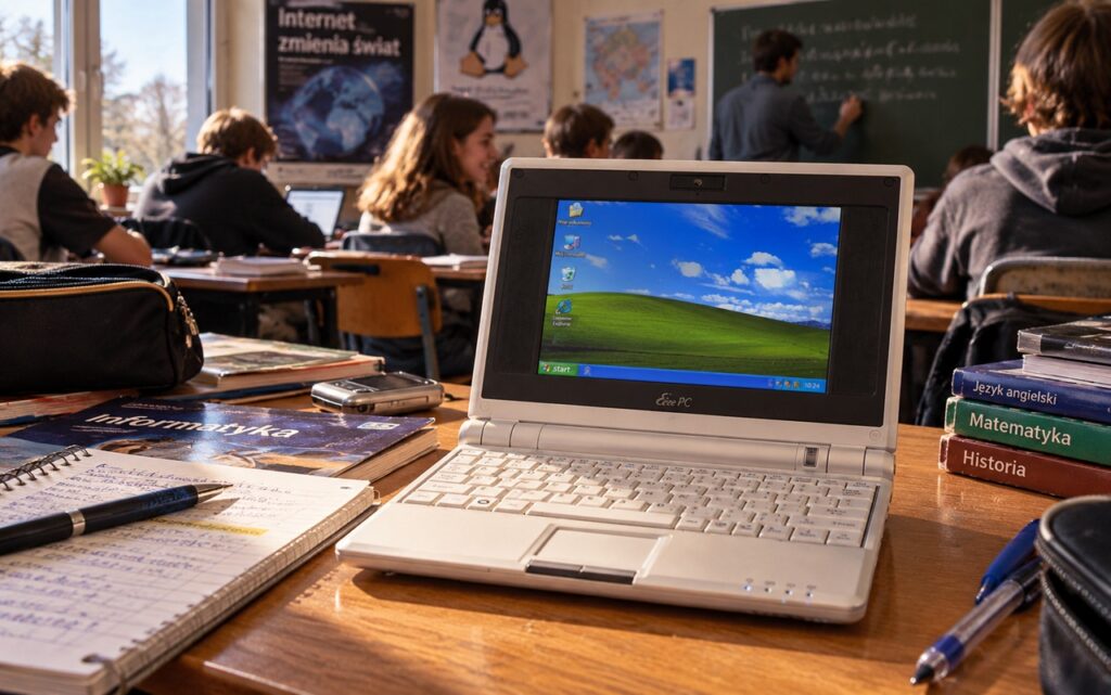 02e_co_to_jest_ultrabook_poradnik_LAB_3010_Asus_Eee - lab-kuzniewski.pl - Testy laptopów, recenzje i porównania Laptop computer open on a wooden classroom desk with notebooks, a pen, and stack of textbooks beside it as students study in the background.