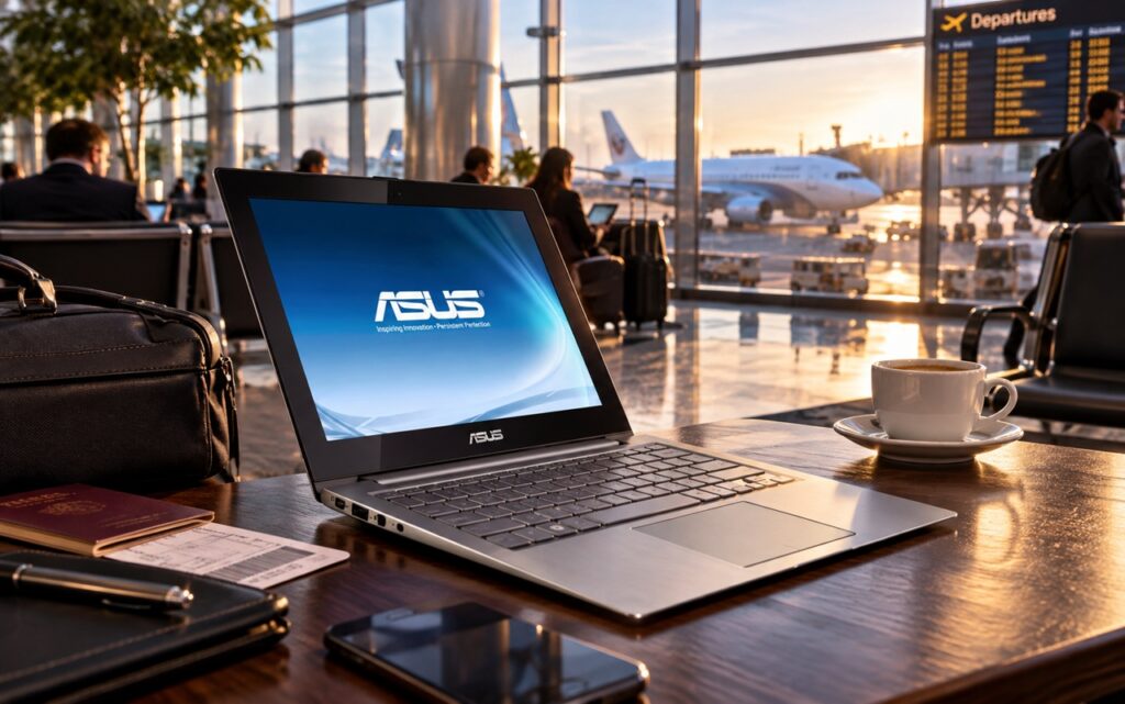 02f_co_to_jest_ultrabook_poradnik_Asus_ZenBook_UX21 - lab-kuzniewski.pl - Testy laptopów, recenzje i porównania Open ASUS laptop on a wooden table at an airport, with a passport, boarding pass, pen, notebook, and a cup of coffee; departures board and airplanes visible through large windows.