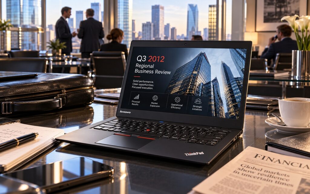 02g_co_to_jest_ultrabook_poradnik_Carbon_X1 - lab-kuzniewski.pl - Testy laptopów, recenzje i porównania Lenovo ThinkPad laptop on a glossy conference table with a city skyline outside, plus notebook, pen, phone and a coffee cup nearby in a modern office.