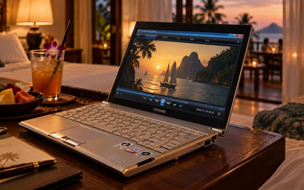02h_co_to_jest_ultrabook_poradnik_Toshiba_portege_r500 - lab-kuzniewski.pl - Testy laptopów, recenzje i porównania Laptop on a wooden desk in a tropical hotel room, playing a sunset sailboat scene on screen beside a fruit bowl and cocktail.