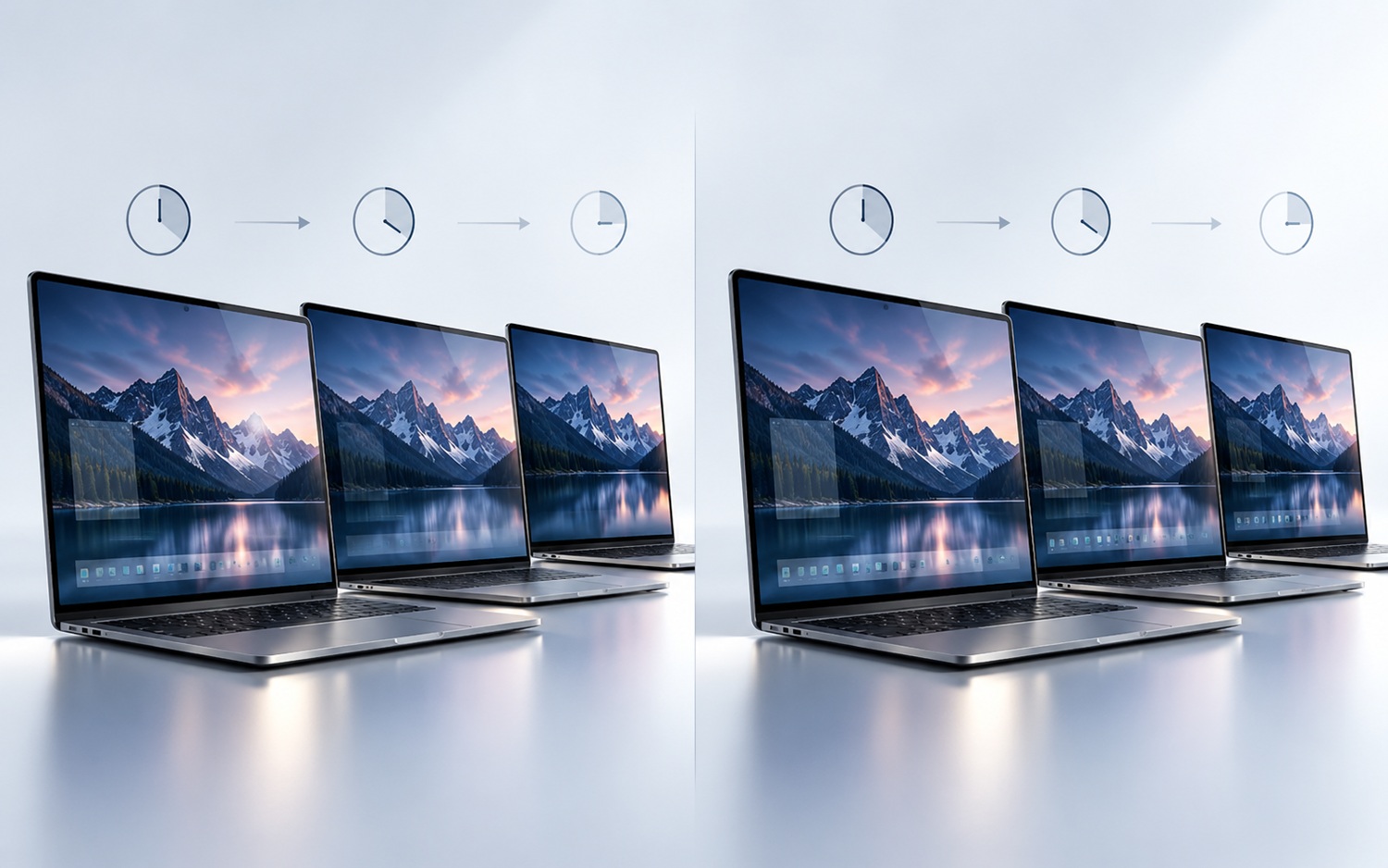 03_OLED_w_laptopie_poradnik_1610_retencja - lab-kuzniewski.pl - Testy laptopów, recenzje i porównania Row of three silver laptops displaying mountain lake wallpaper, shown twice side by side with clock icons and arrows indicating a timeline.