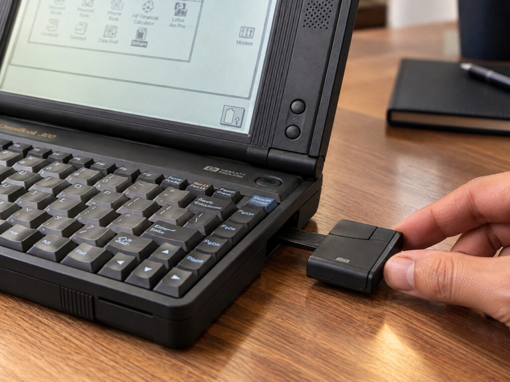 03_co_to_jest_ultrabook_poradnik_LAB_3010_HP_OmniBook_300 - lab-kuzniewski.pl - Testy laptopów, recenzje i porównania Person inserting a small USB dongle into a laptop’s side port on a wooden desk