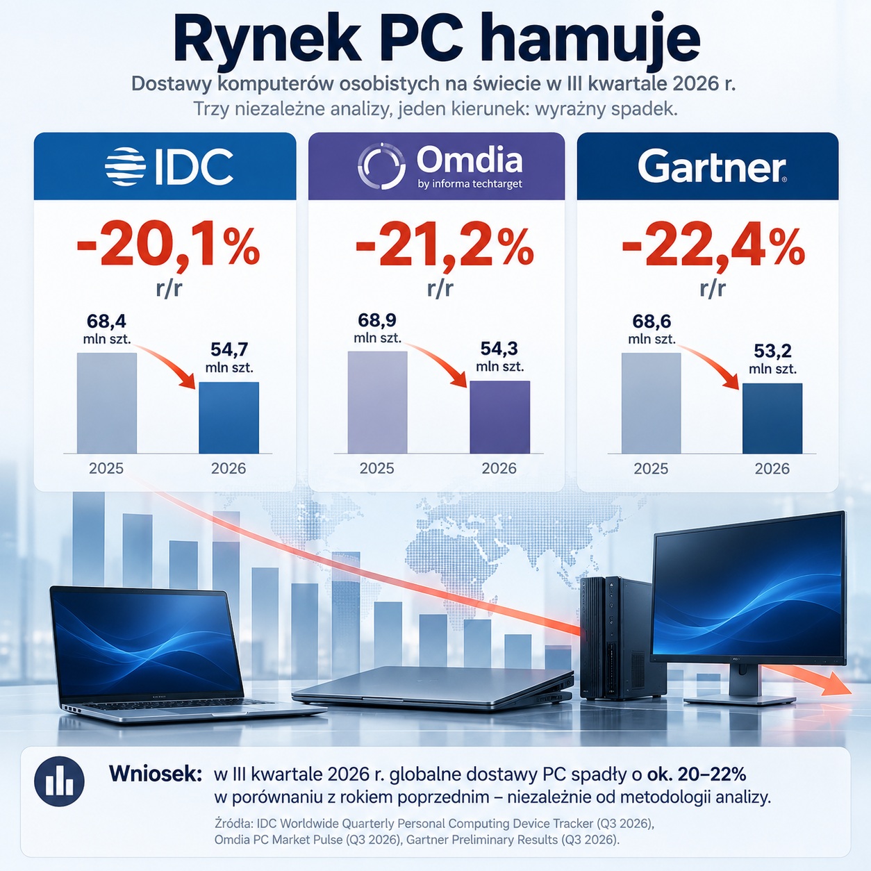 03_komputery_ceny_jesien2026_rynek_hamuje_1510 - lab-kuzniewski.pl - Testy laptopów, recenzje i porównania Infographic showing PC market declines (IDC, Omdia, Gartner) with % drops and 2025–2026 bars.