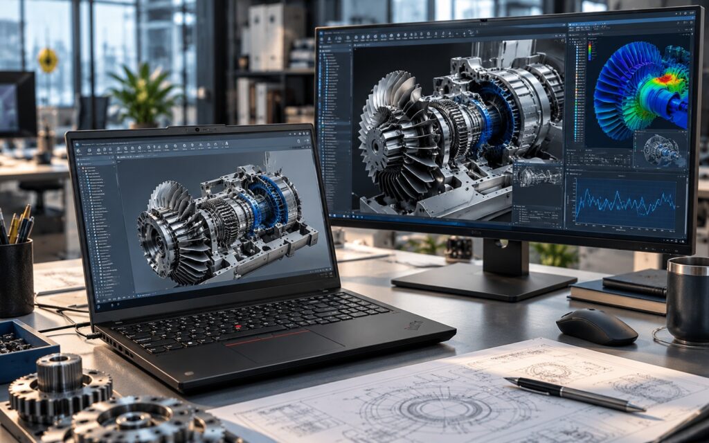 Engineering workstation with a laptop and a large monitor displaying a detailed turbine engine CAD model.