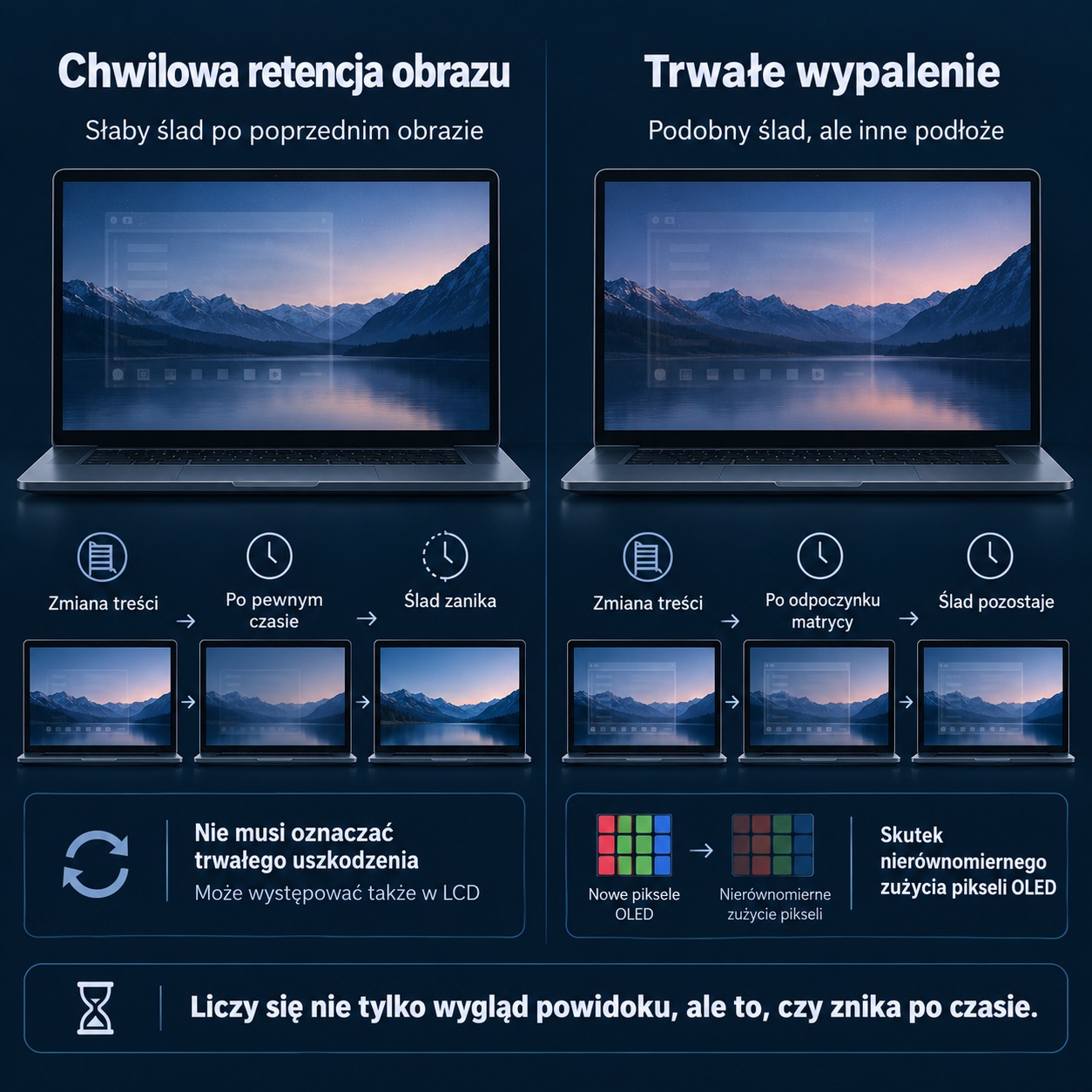 03a_OLED_w_laptopie_poradnik_1610_retencja - lab-kuzniewski.pl - Testy laptopów, recenzje i porównania Infographic comparing temporary image retention and permanent burn-in on laptops, with steps shown below in Polish.