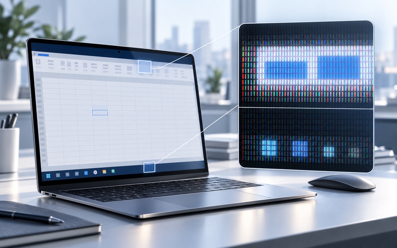 Laptop open to a spreadsheet on a bright desk, with a colorful pixel grid display on an adjacent monitor.