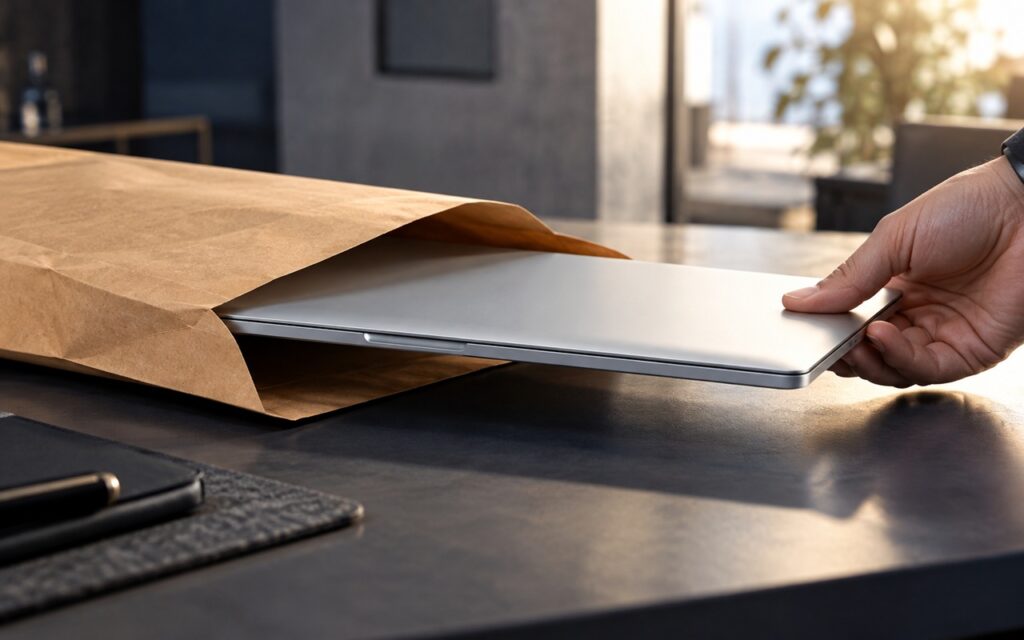 04_co_to_jest_ultrabook_poradnik_LAB_3010_MacBook_Air - lab-kuzniewski.pl - Testy laptopów, recenzje i porównania Person lifts a silver laptop out of a brown paper bag on a dark office desk.