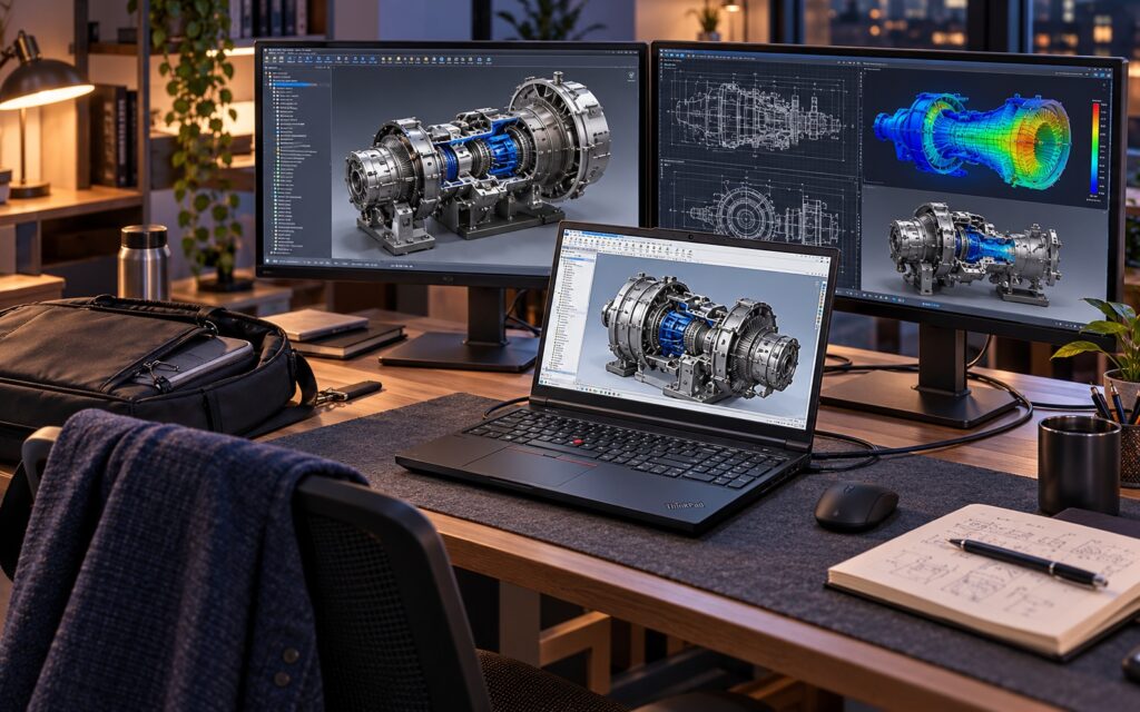 CAD workstation with three monitors and a laptop displaying a detailed gearbox model.