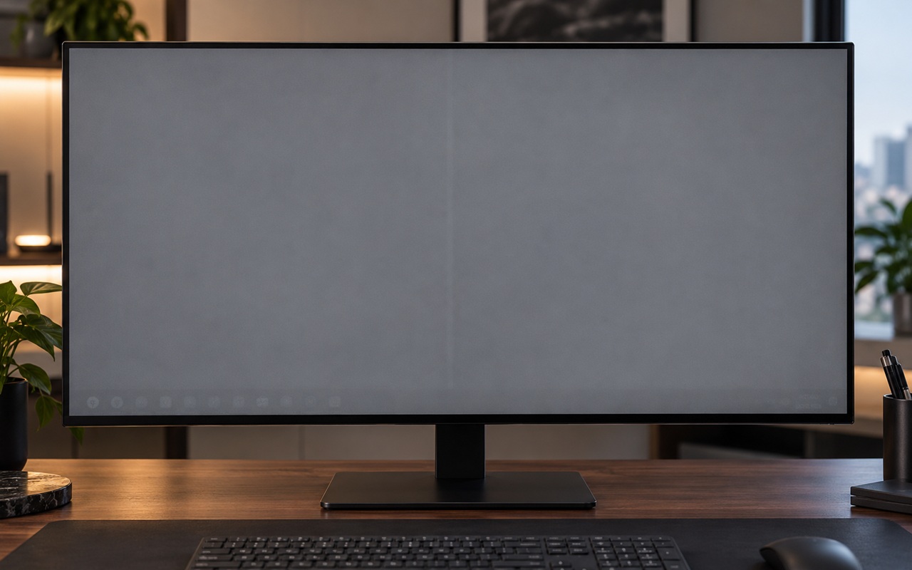 Large computer monitor on a wooden desk in an office, with a keyboard and a plant nearby.