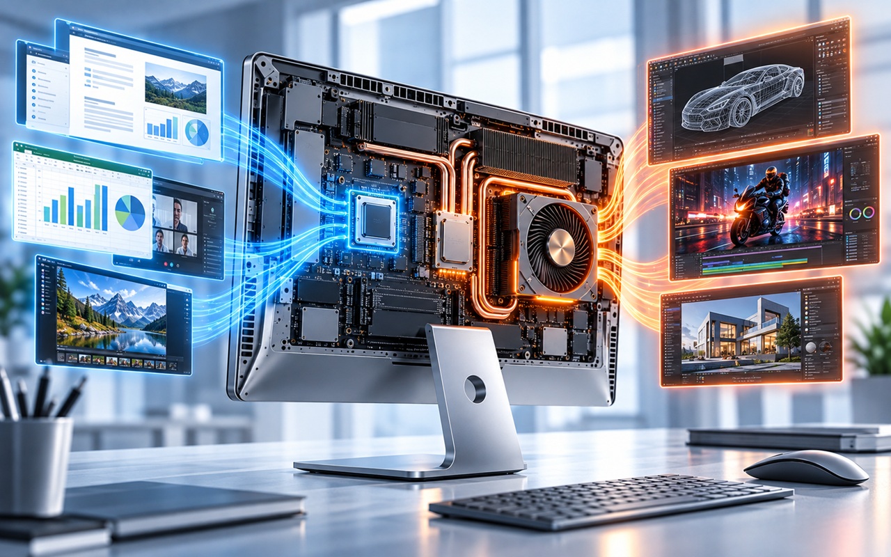 Exposed high‑end computer with glowing blue data screens on the left and orange 3D rendering panels on the right, showing charts and models.
