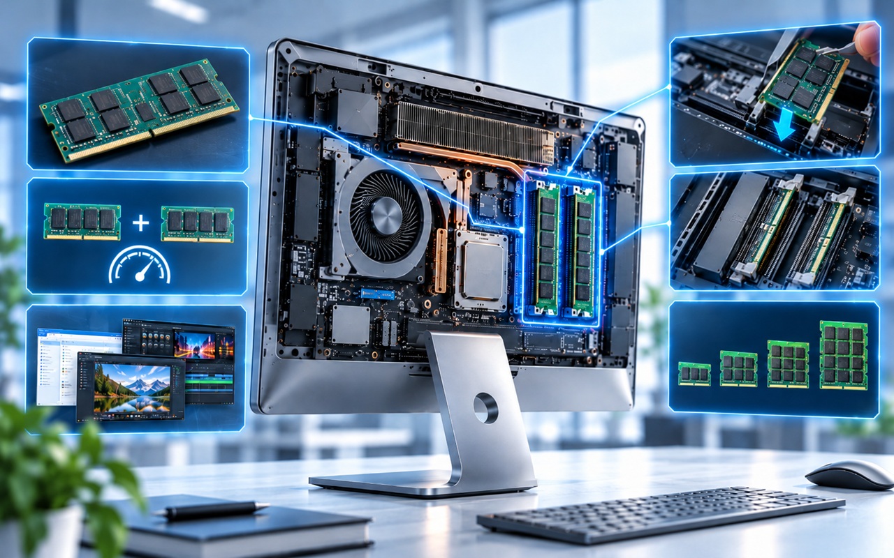 Open desktop computer with blue-highlighted RAM modules and cooling system to illustrate internal hardware components.