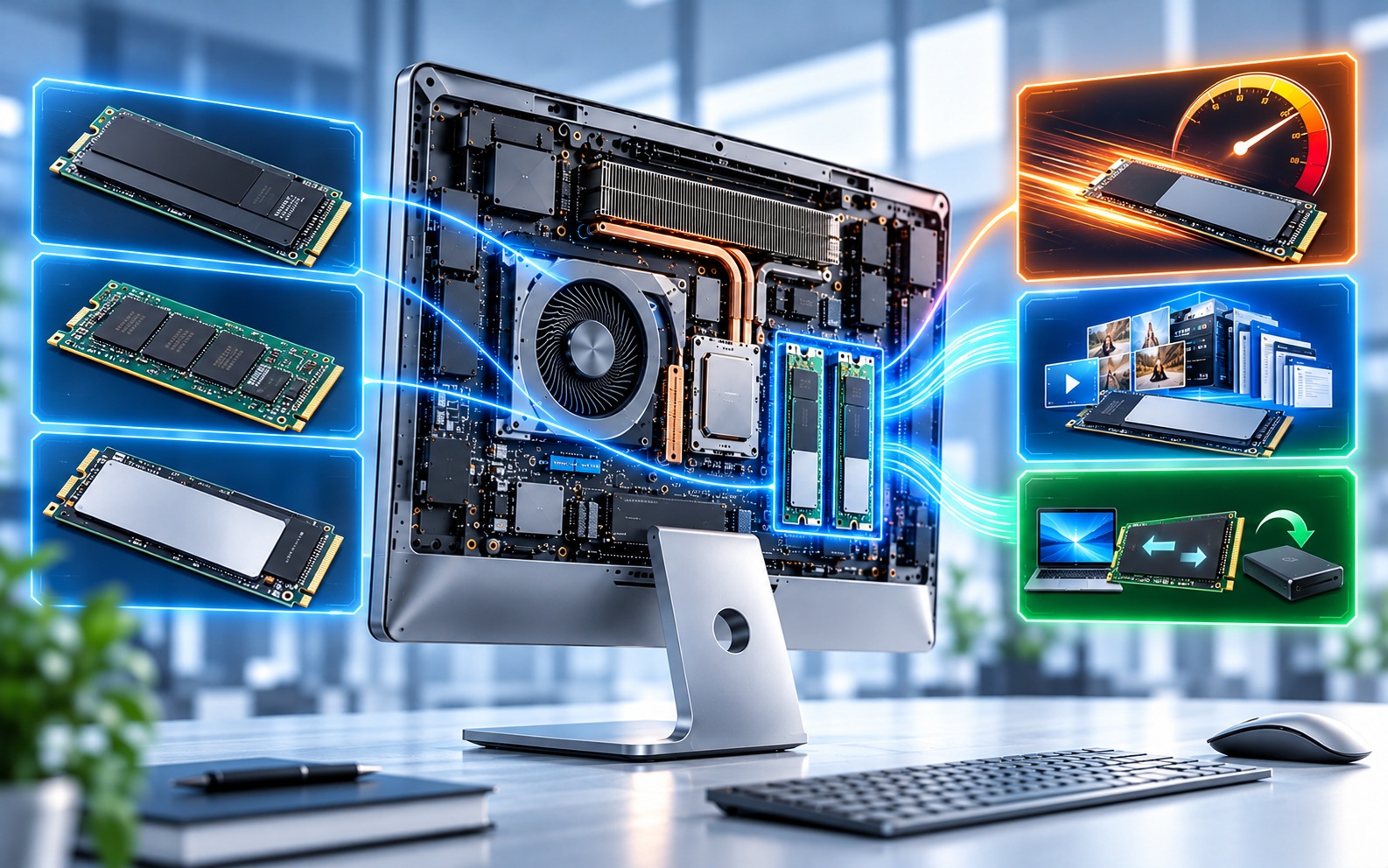 Desktop computer with internal components highlighted; SSDs, RAM, and cooling connected by glowing blue lines to show data flow.