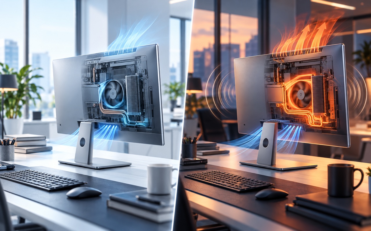 Split-screen office desk: left monitor shows blue cooling airflow, right monitor shows orange heat for a cooling vs overheating comparison.