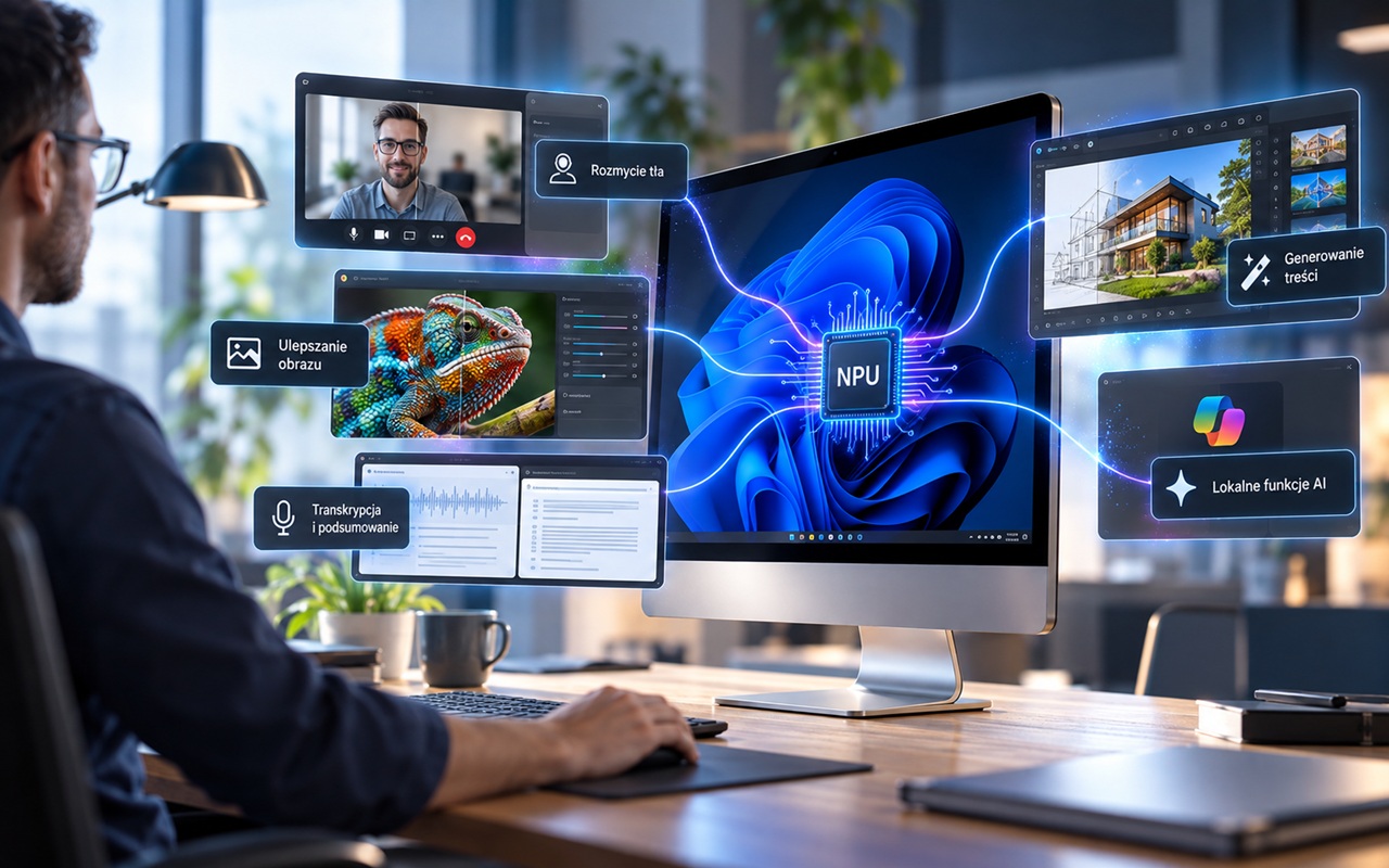 Person at a desk using a large monitor with floating AI panels around a central NPU, illustrating AI-powered workflows.