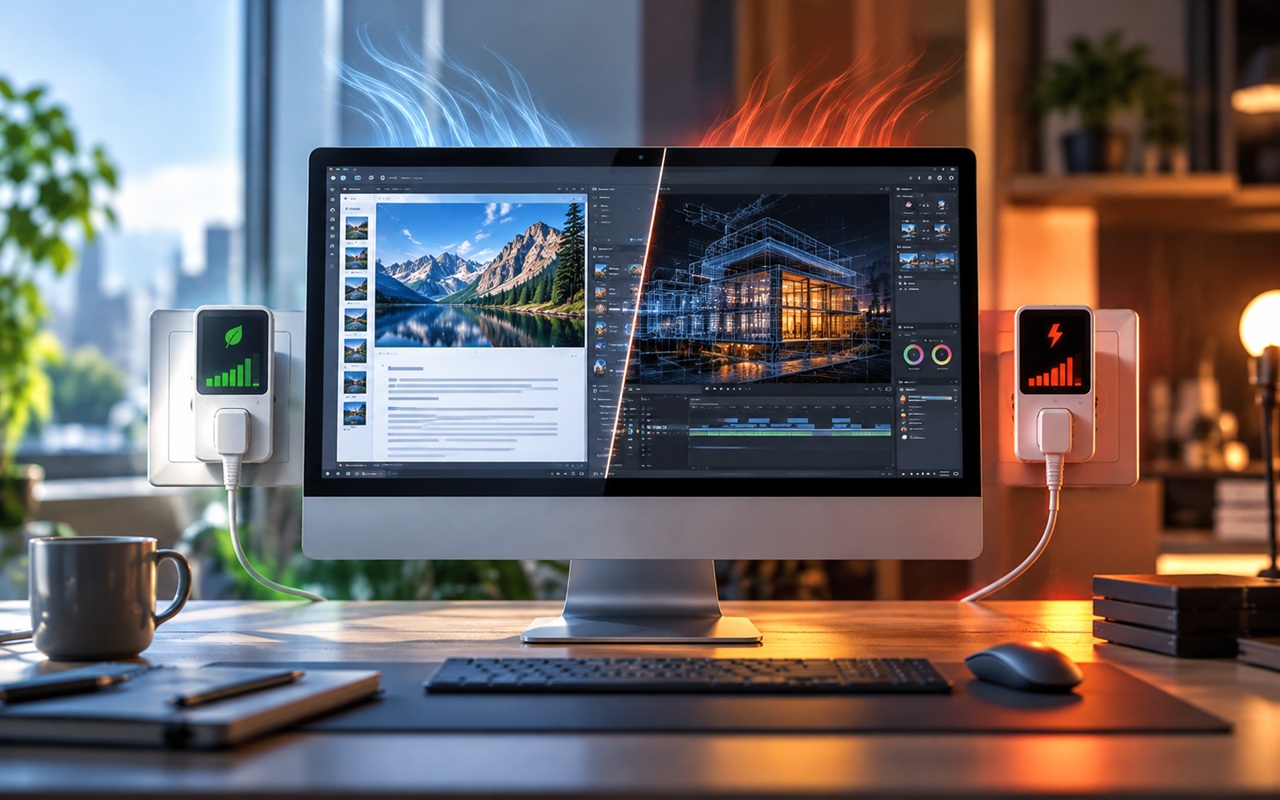 Desk setup with a large monitor displaying photo editing on the left and 3D rendering on the right; energy-monitor plugs glow green and red on each side of the monitor.