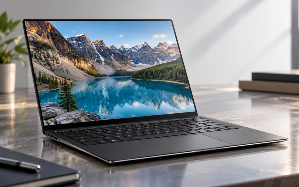 Slim laptop on a desk showing a high‑resolution mountain lake wallpaper on screen, with rocky shore and pine trees in view.