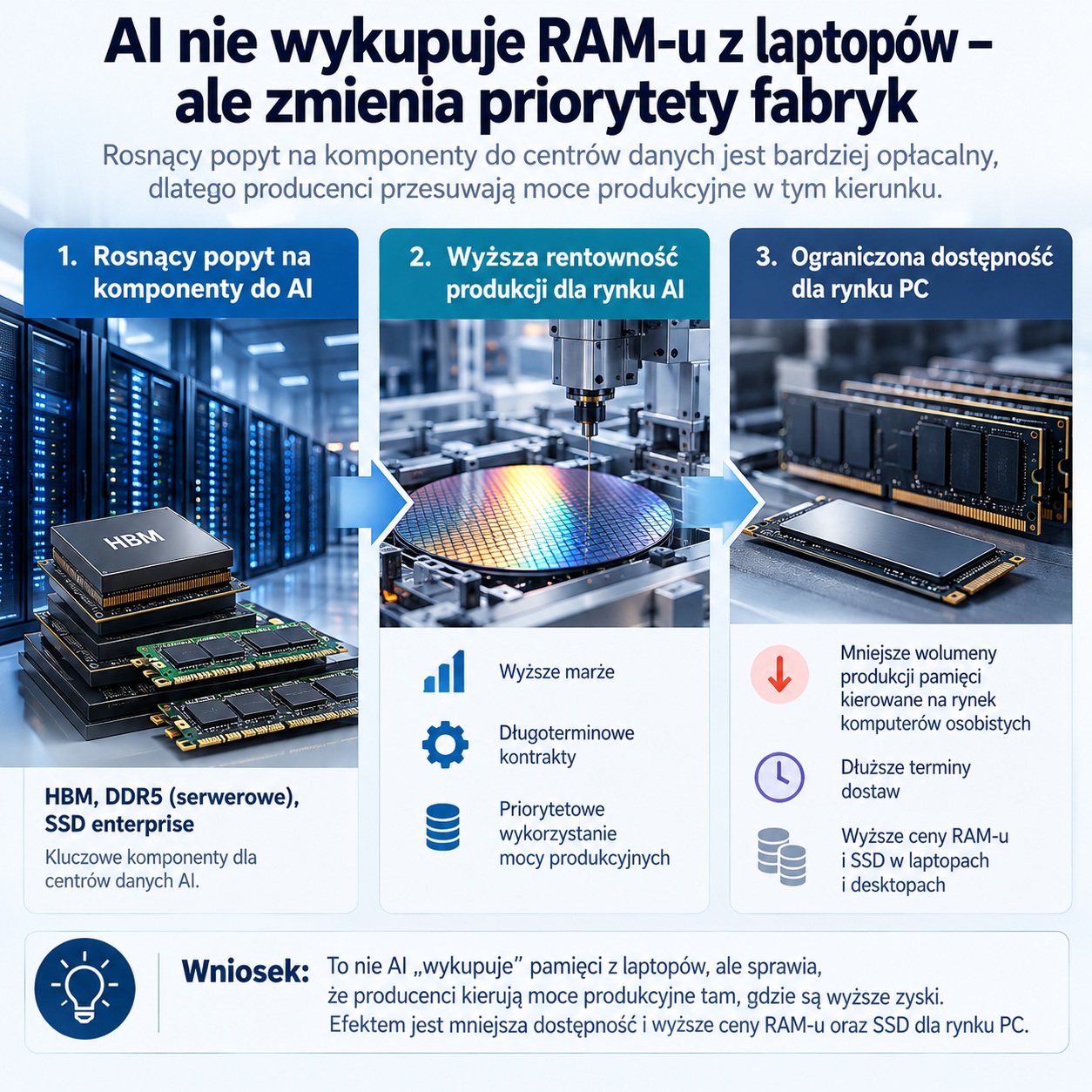 05_komputery_ceny_jesien2026_AI_vs_RAM_1510 - lab-kuzniewski.pl - Testy laptopów, recenzje i porównania Infografika o tym, że AI nie kupuje RAM z laptopów, lecz zmienia priorytety fabryk: 1) rosnący popyt na komponenty AI; 2) wyższa rentowność produkcji dla rynku AI; 3) ograniczona dostępność RAM dla PC.