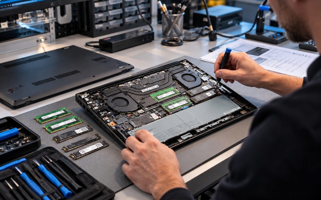 Tech worker uses a precision tool to repair an open laptop on a workbench; RAM modules and screwdrivers nearby.