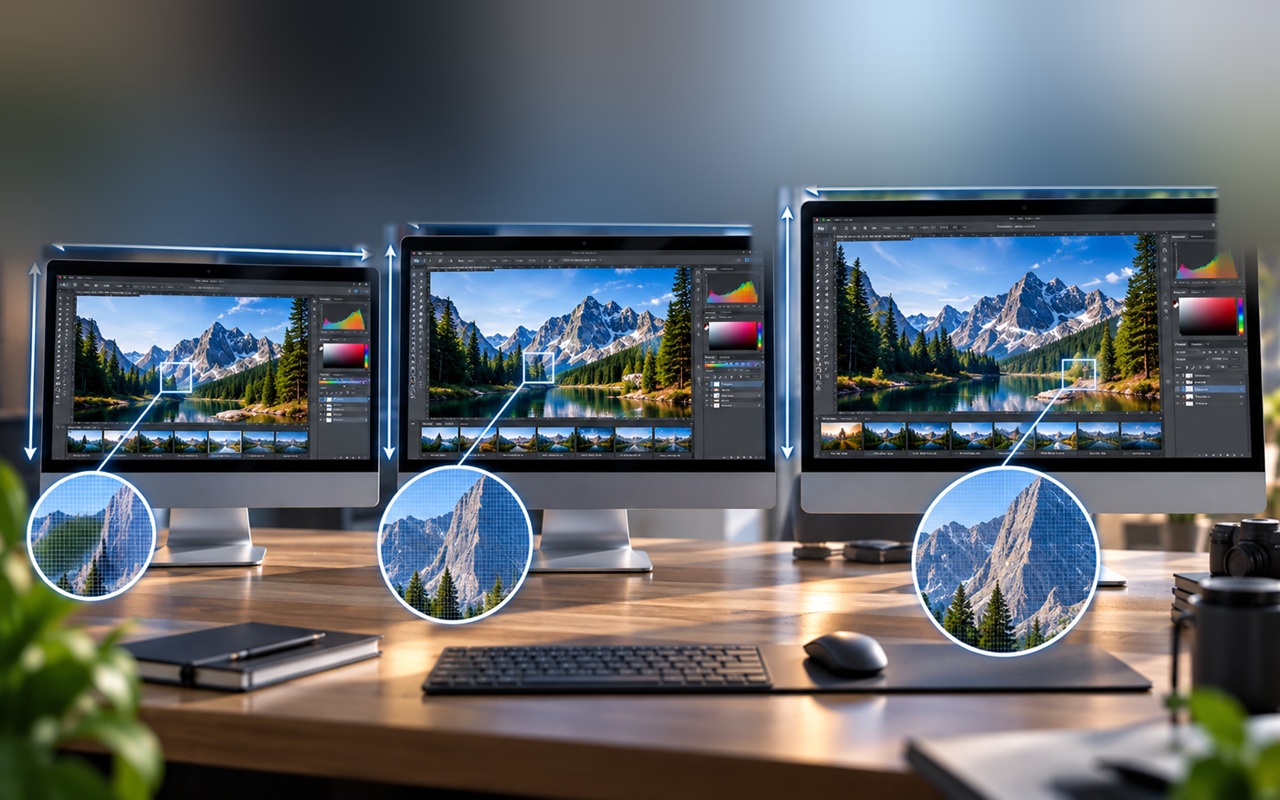 Three computer monitors on a desk show a photo-editing workflow of a mountain landscape, with circular zoom-ins highlighting zoomed details of the image.