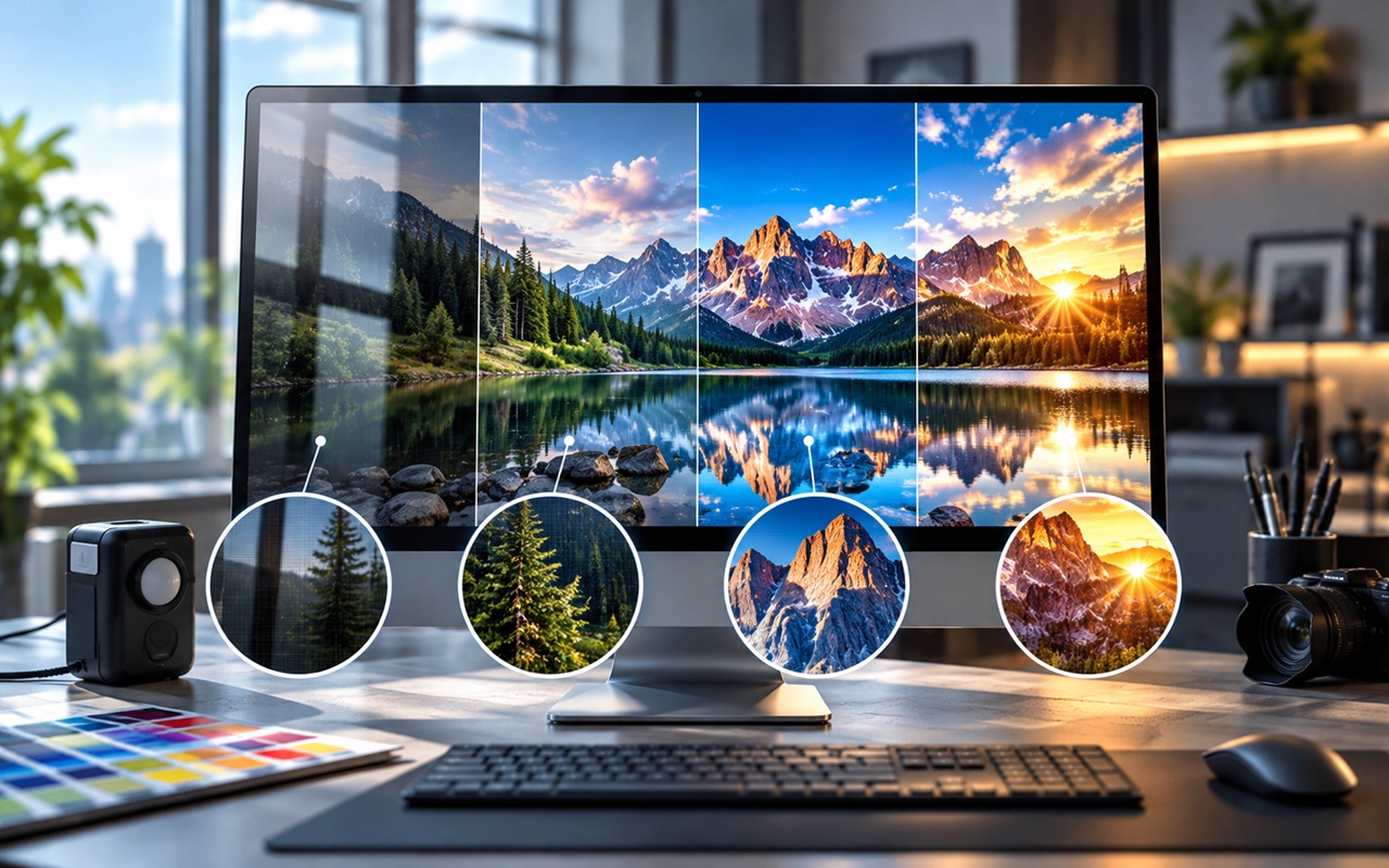 Desk setup with a widescreen monitor displaying a four-panel mountain landscape; circular insets highlight close-ups of trees and rocky peaks.