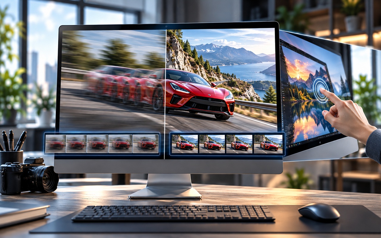 Dual-monitor setup on a desk; the left screen shows a red sports car racing on a mountain road, with thumbnails below and a touch-enabled screen to the right being used by a hand.”,